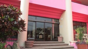 A building entrance with a glass door, steps, and potted plants. - HOTEL TAMAZUNCHALE (Tamazunchale)