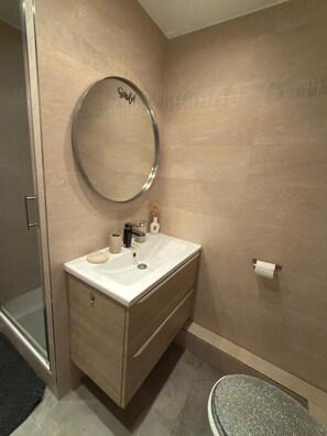 Hair dryer, towels, soap, toilet paper
