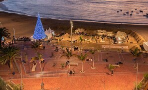 Ein Platz am Strand mit Palmen, einer großen blauen Weihnachtstanne und einem Sandbereich mit Bootssteg.