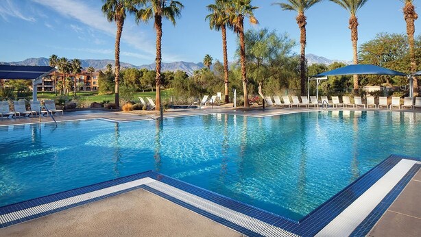 A swimming pool with lounge chairs and palm trees, surrounded by a landscaped area with a view of mountains. - Coachella Rental 2027 and 2028 (Palm Desert)