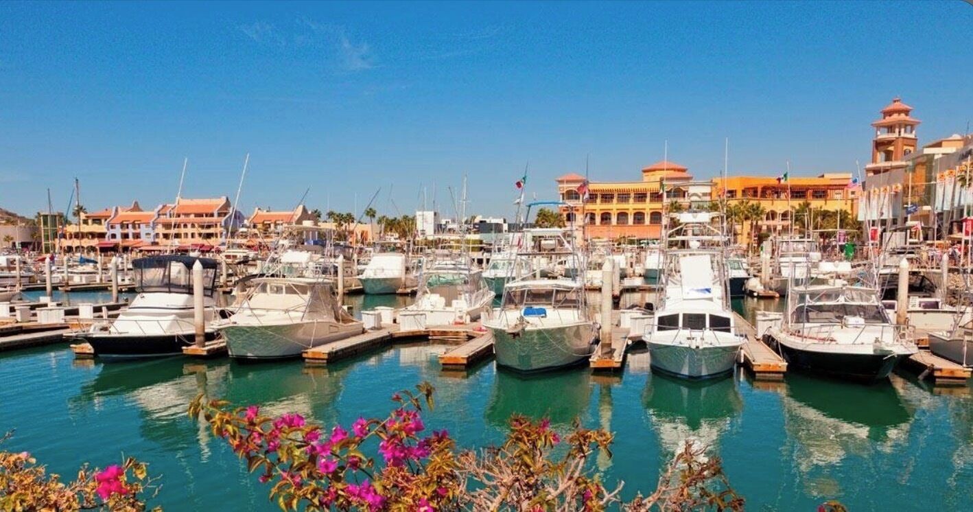 Un puerto deportivo con varias embarcaciones amarradas, cielo despejado y edificios al fondo.
