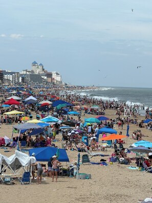 A crowded beach with numerous umbrellas and beachgoers.