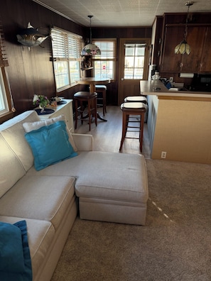 A cozy living room with a sofa, a dining area with a table and chairs, and a kitchen area with wooden cabinets and a hanging light fixture.