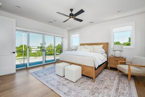 Un dormitorio con cama, mesitas de noche, una silla, ventilador de techo y vistas amplias a través de puertas correderas.