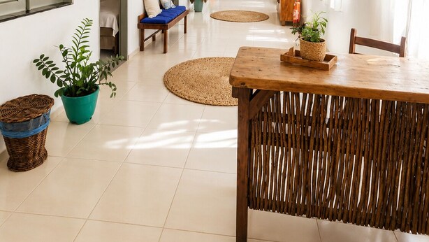 A spacious room with a wooden dining table, a blue sofa, and a hanging woven light fixture. - Mara Jeri (Jijoca de Jericoacoara)