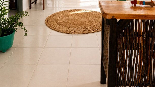 Amplia sala de estar con sofá, una mesa de madera y una mesa de comedor. Se observan plantas en macetas y una estantería al fondo.