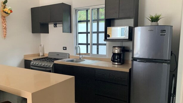 Een moderne keuken met een gasfornuis, spoelbak, donkere kastjes, een koelkast en een raam met uitzicht.