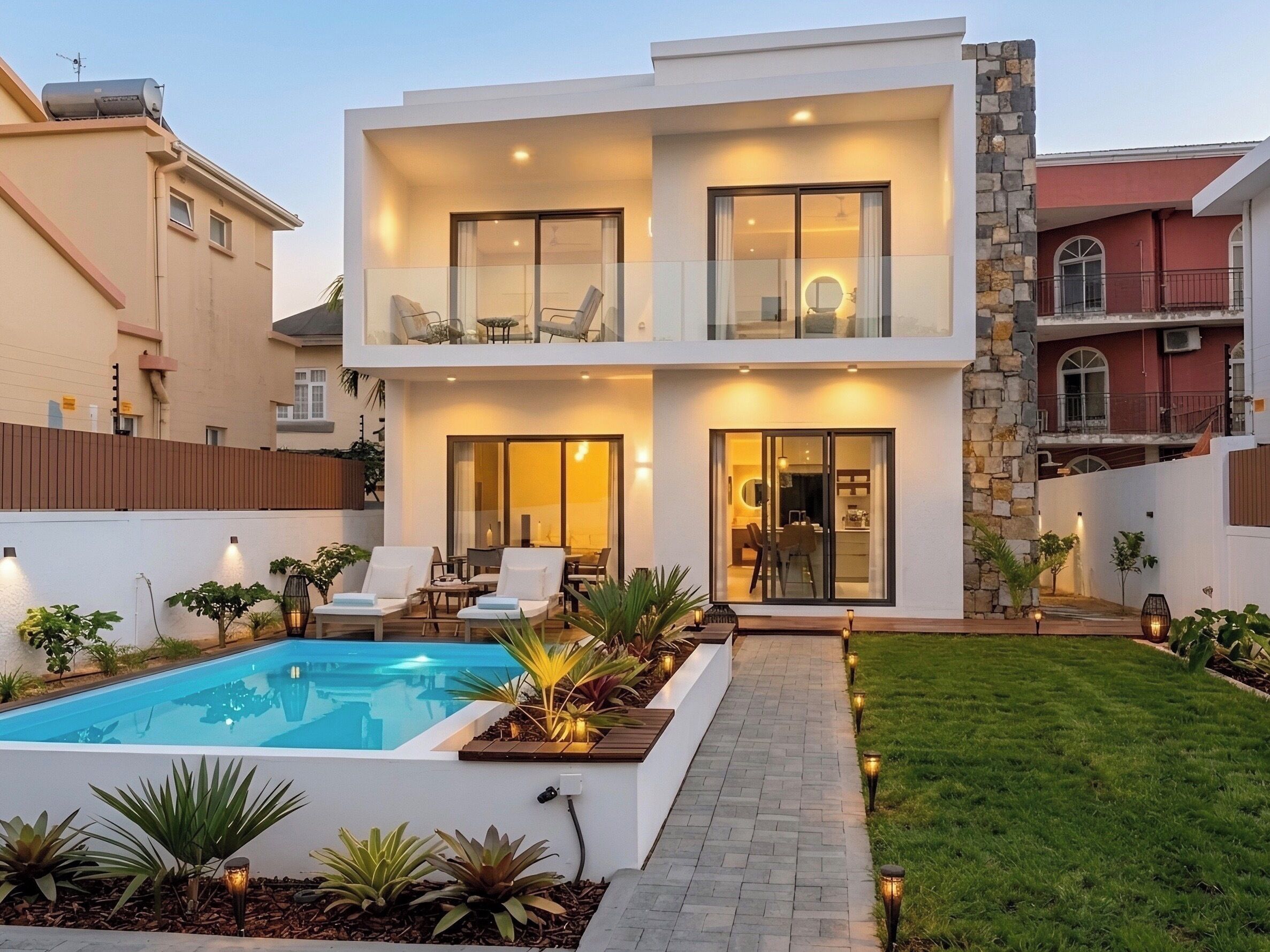 Una casa moderna de dos pisos con piscina, mobiliario de exterior y un jardín bien cuidado.