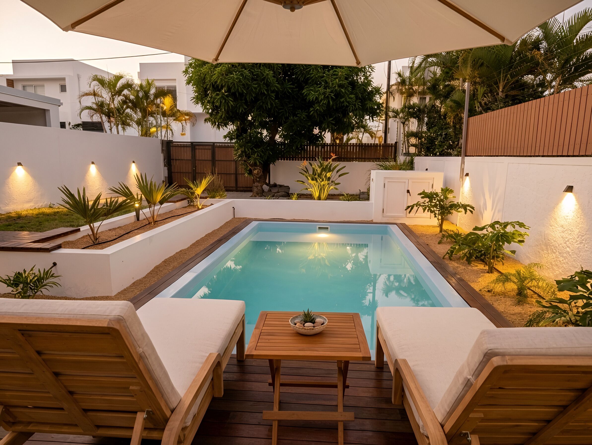 Ein rechteckiger Pool mit Holzterrasse, umgeben von Pflanzen und einer weißen Mauer.