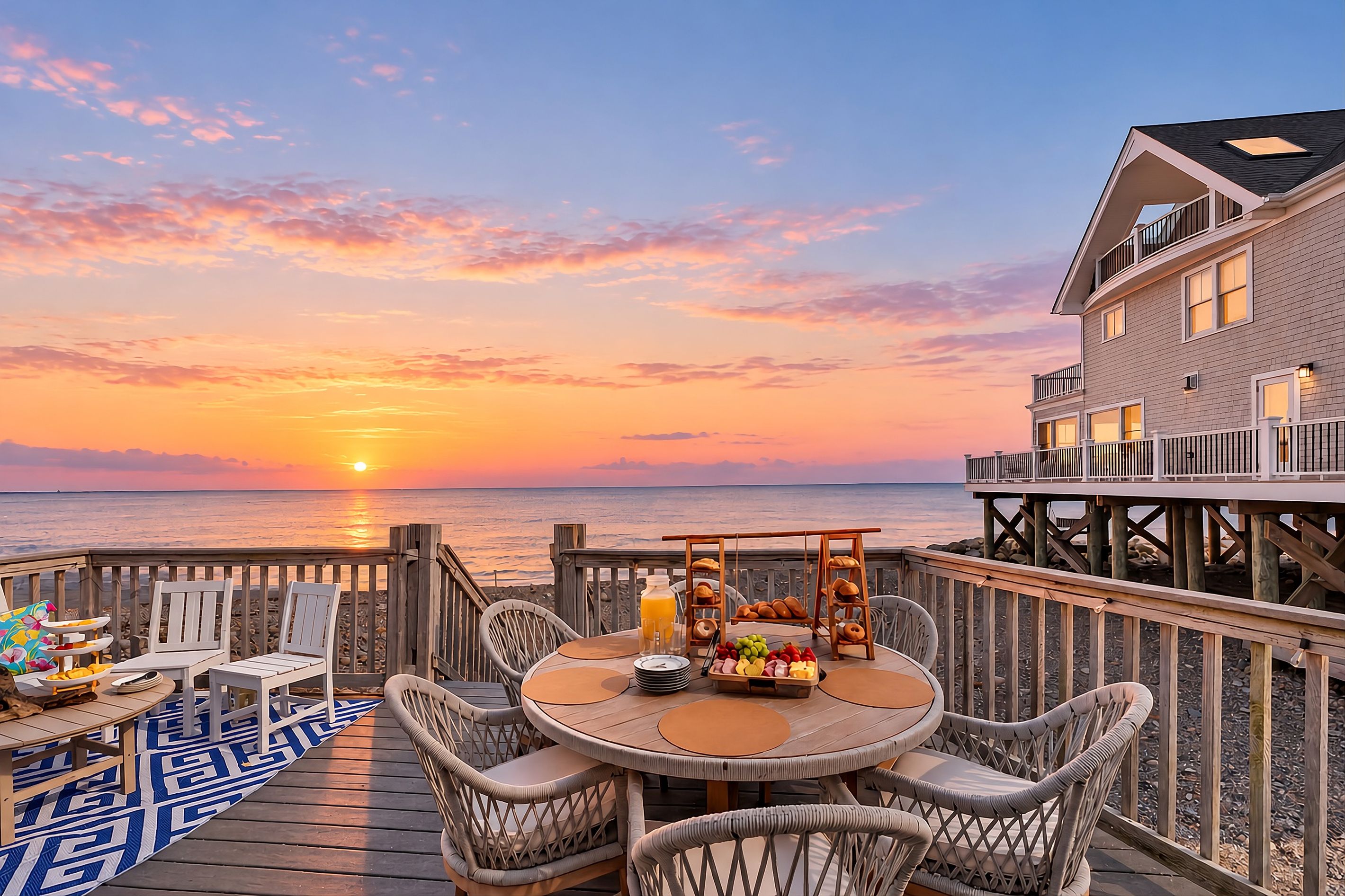 A sunset view from a deck with a dining table set for two, overlooking the ocean.