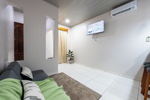 Ein Wohnzimmer mit einer Couch, einem Fernseher, einer Klimaanlage und einer Topfpflanze.