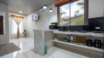 Fridge, microwave, coffee/tea maker, blender