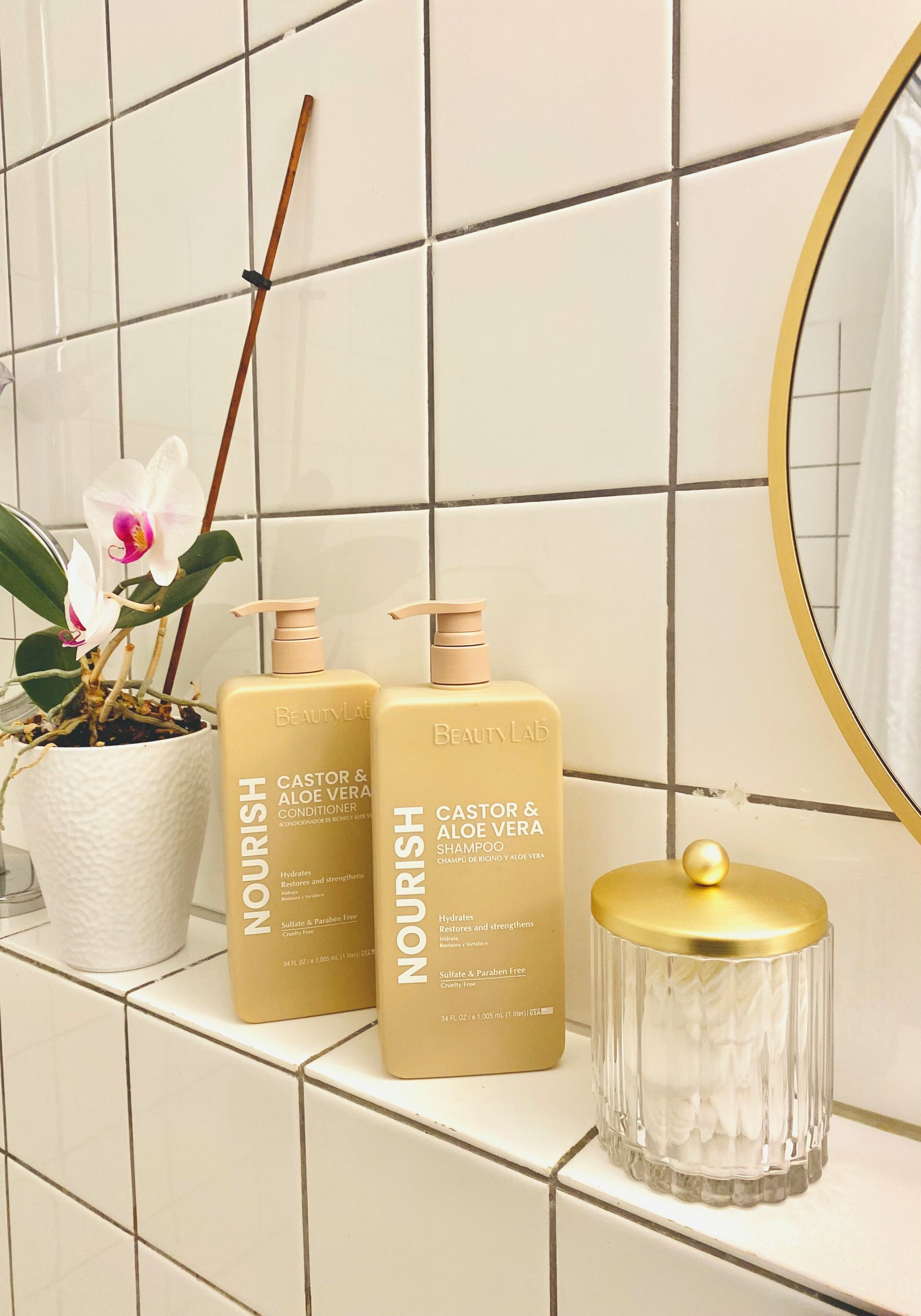 Ein Badezimmerschrank mit zwei Flaschen Nourish Kastanien- und Aloe-Vera-Spülung und Shampoo, einer Topf-Orchidee und einem Glasbehälter mit goldfarbenem Deckel.