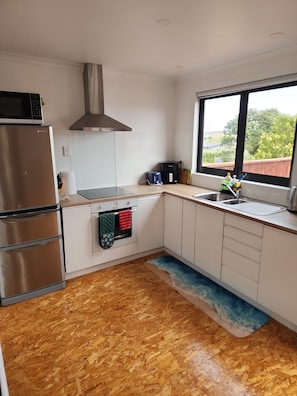 Una cocina moderna con electrodomésticos de acero inoxidable, un ventanal con vistas y piso de madera.