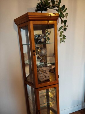 A wooden display cabinet with glass doors containing a vintage camera, a globe, and a bag with text. - Vacation Rental in Metz - Apartment for up to 4 people (Metz)