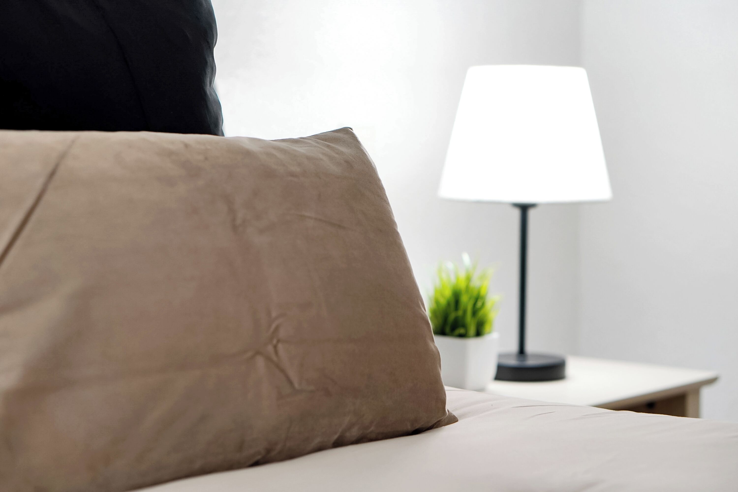 Un lit avec un oreiller marron, une lampe blanche et une petite plante sur une table de chevet.