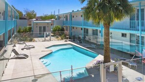 A swimming pool with lounge chairs, a palm tree, and a building with blue accents.
