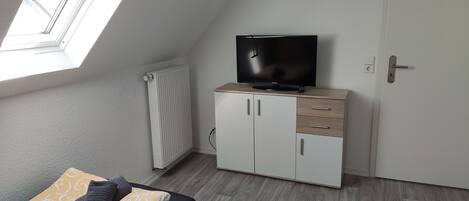 Ett sovrum med en säng, en tv på ett skåp, ett element och en dörr.