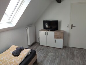 A bedroom with a bed, a TV on a cabinet, a radiator, and a door.
