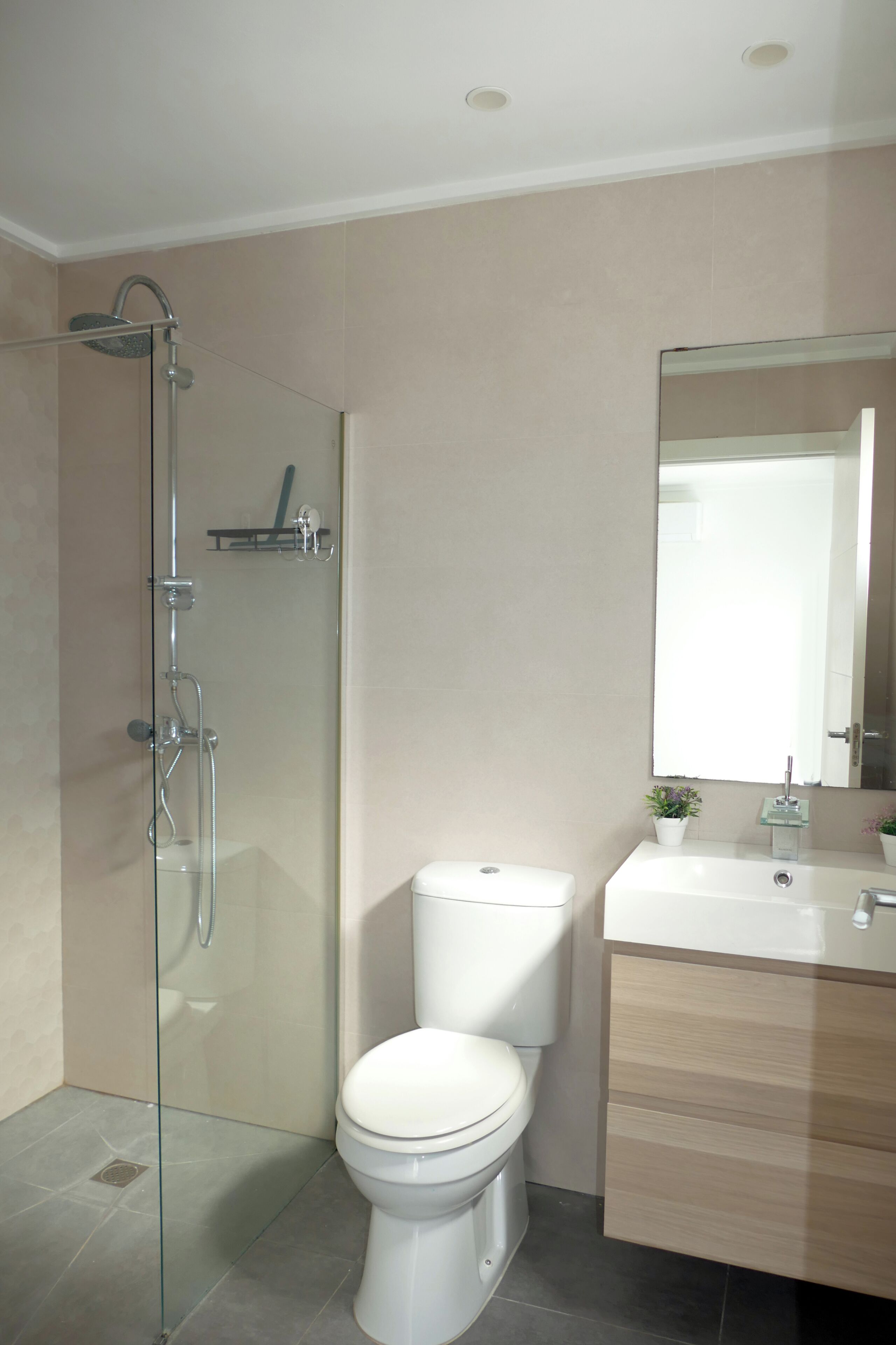 A modern bathroom with a glass-enclosed shower, a white toilet, and a vanity with a mirror.
