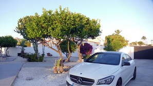 Un coche blanco aparcado en una entrada con un árbol y un edificio al fondo.