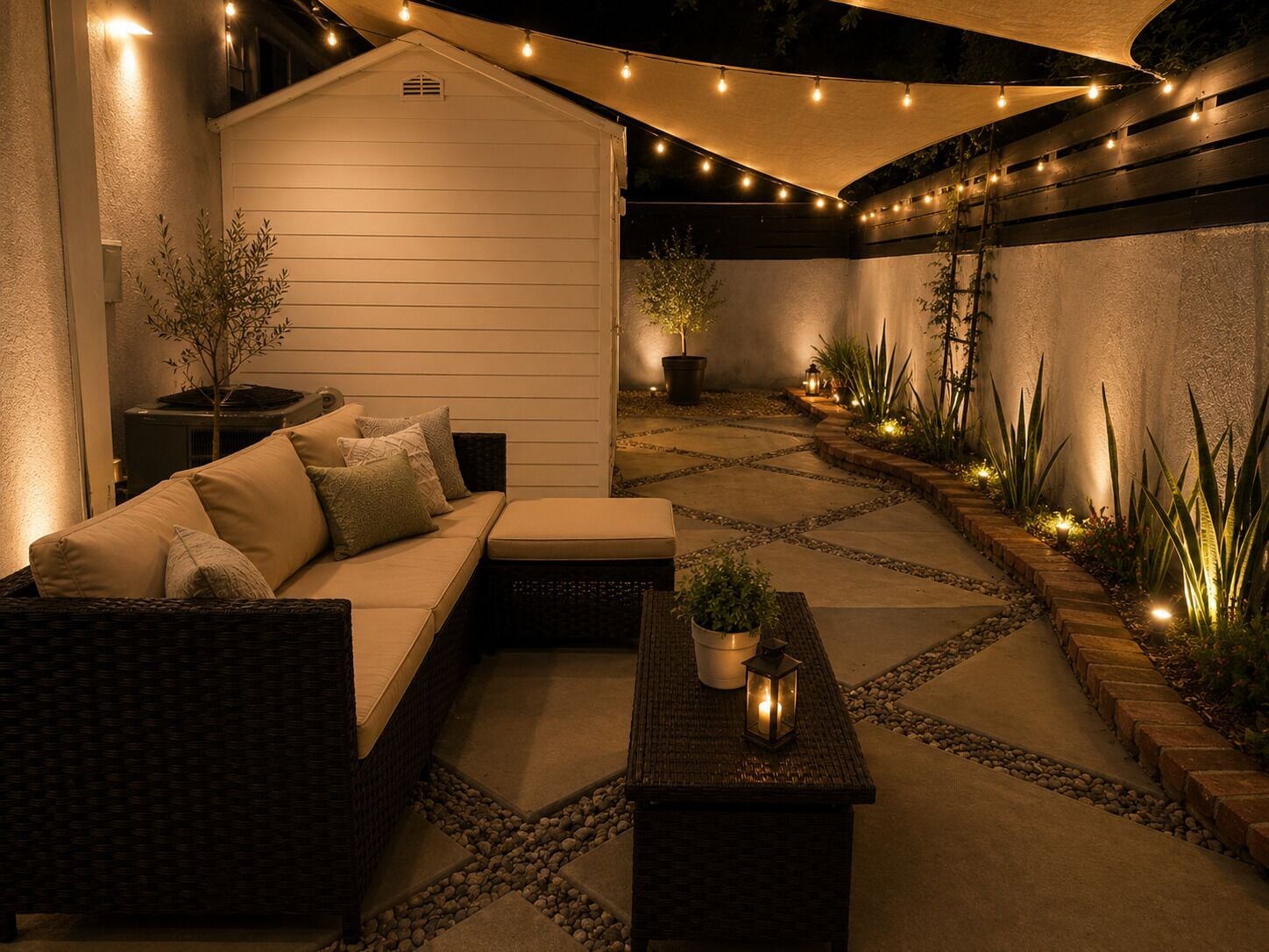 A patio area with a sofa, a small table with a plant, and a pathway leading to a building.