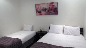 Two single beds with white linens, a nightstand with a lamp, and a painting on the wall. - Hotel Central (San Fernando)