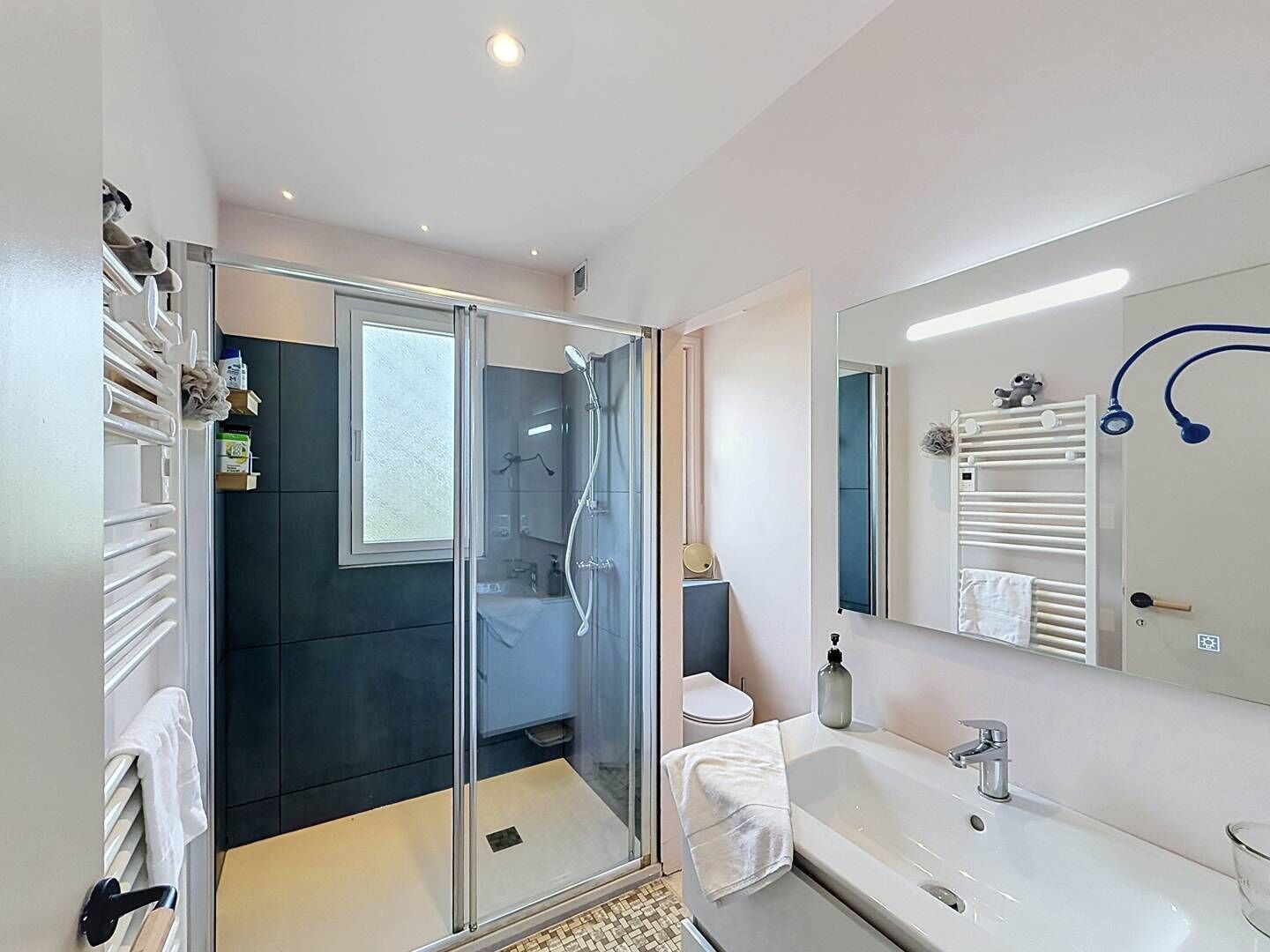 Une salle de bain moderne avec une douche à parois de verre, un lavabo blanc et un grand miroir.