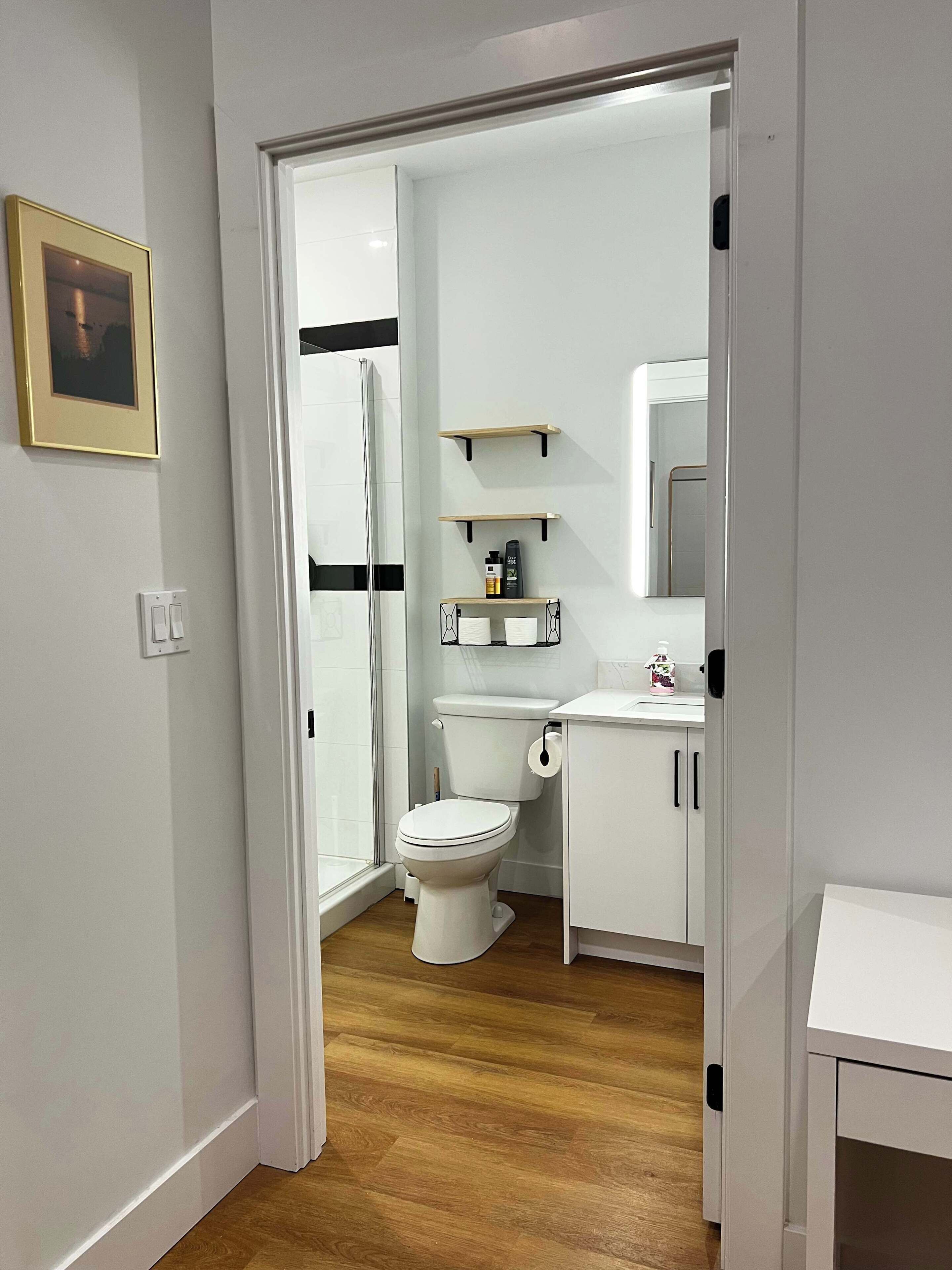 A modern bathroom with a toilet, sink, and shower. There are shelves above the toilet and a framed picture on the wall.