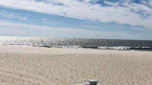 Een strand met een heldere lucht en oceaan.