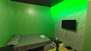 Une petite pièce aux murs verts, avec un lit simple, un téléviseur à écran plat fixé au mur et une petite table sur laquelle est posé un vase de fleurs.