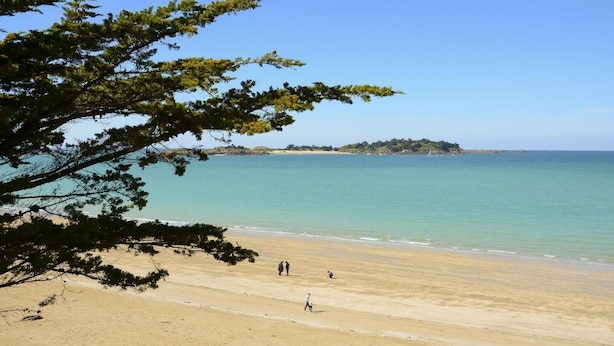 Uma praia com céu claro, areal arenoso e uma ilha ao longe.