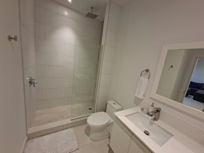 Un baño moderno con ducha envuelta en vidrio, inodoro blanco y lavamanos con espejo superior.