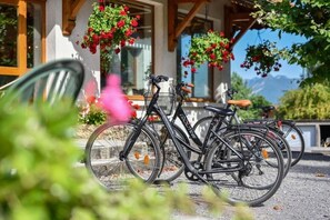 A bicycle parked outside a building with a view of mountains. - Hotel Arcalod - Grand Parc (Doussard)