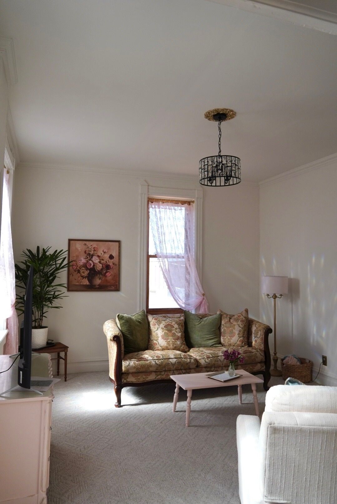 Un salon avec un canapé, une table basse, une plante en pot, un tableau et un lustre.