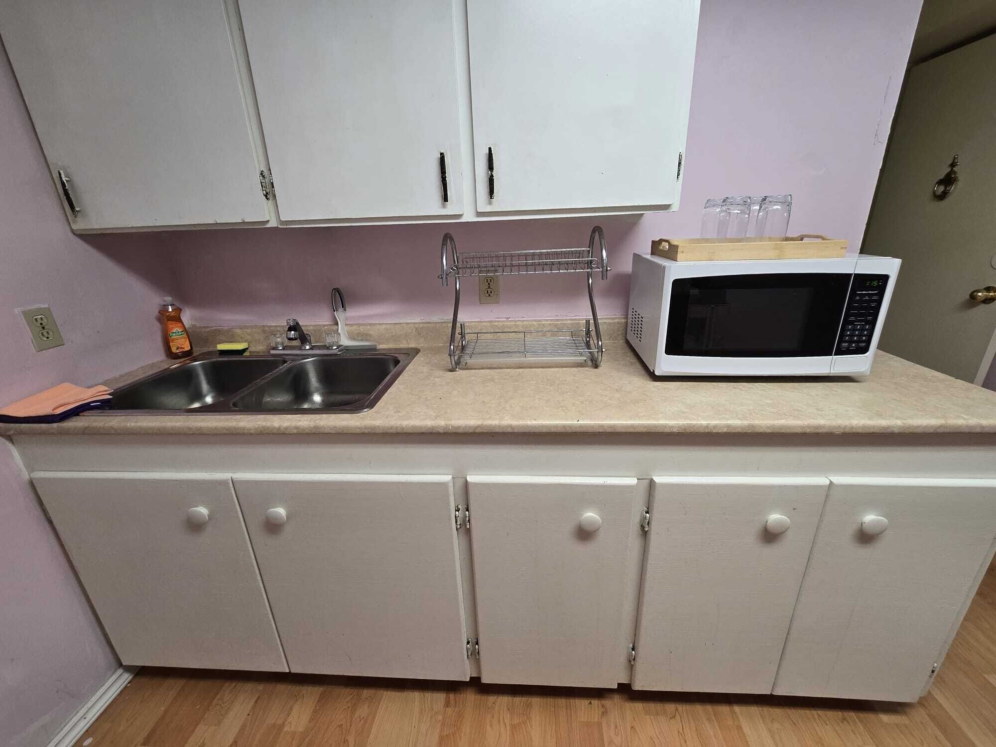Una kitchenette con un lavamanos, un microondas y un escurreplatos.
