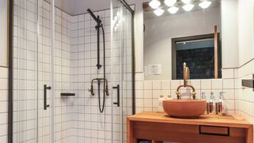 Hair dryer, towels, soap, shampoo