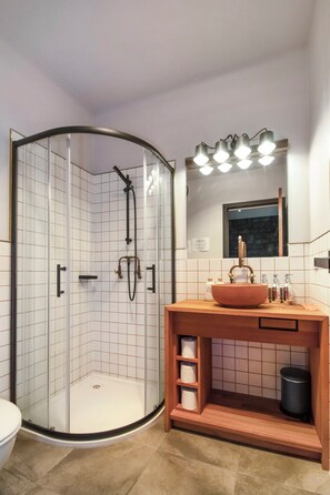 Hair dryer, towels, soap, shampoo