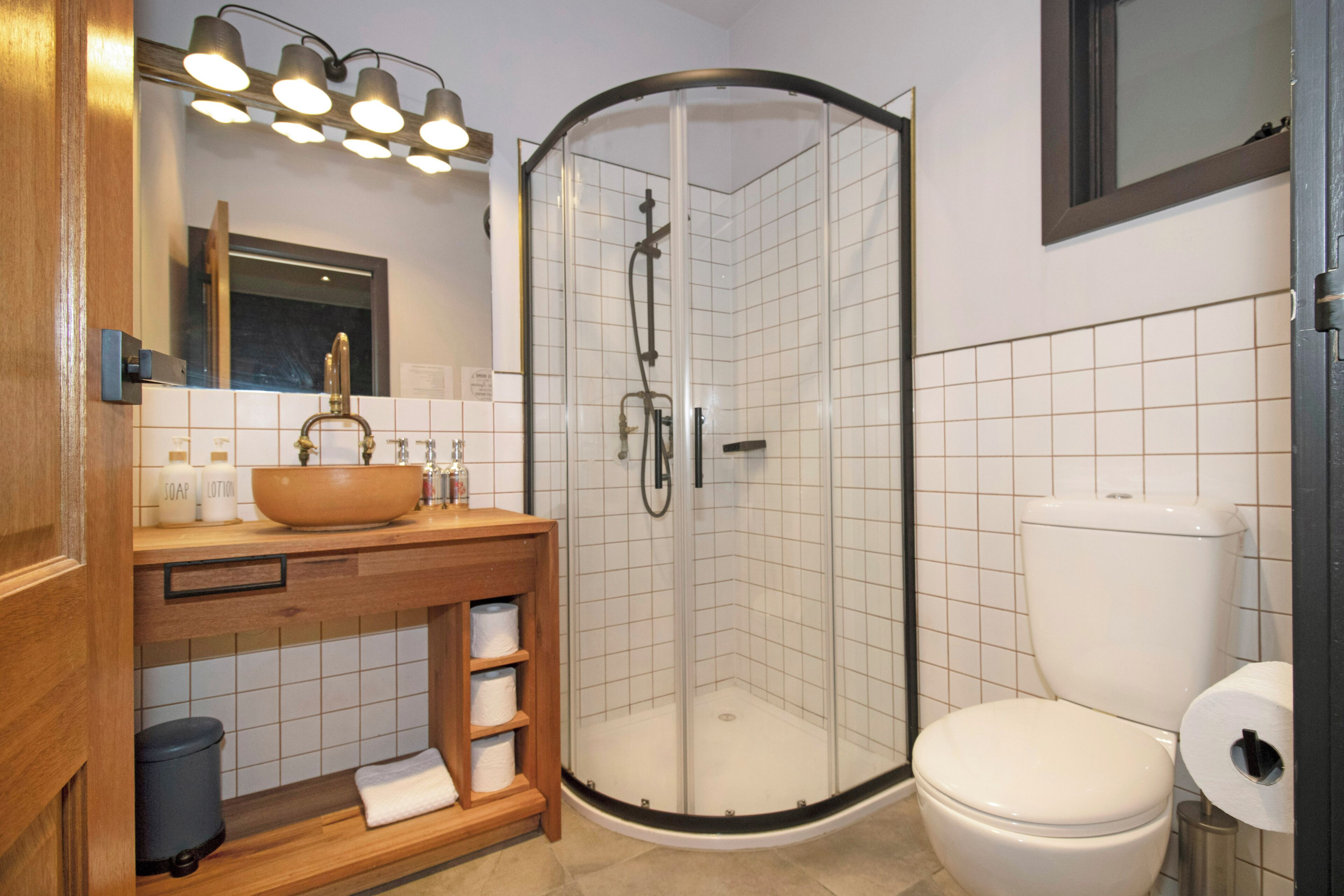 Hair dryer, towels, soap, shampoo