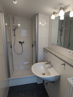 Ein modernes Badezimmer mit einer gläsernen Duschkabine, einem weißen Waschbecken und einem Spiegel darüber.