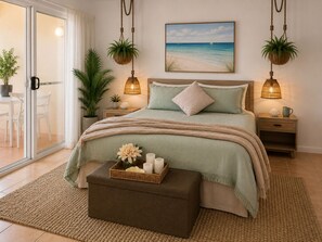 Une chambre à coucher avec un lit, des tables de chevet, une commode, une fenêtre et une vue sur la mer.