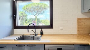 Eine Küche mit Fenster, Spüle und Geschirrspüler.
