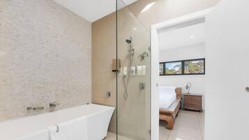 Shower, hair dryer, towels, shampoo