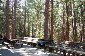 Ein Picknickplatz mit Bänken und Grill in einer Waldlandschaft.