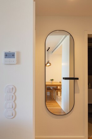 A door with a mirror, a thermostat, and a set of three switches. - Sal Douro Golden | Sea View and Comfort (Vila Nova de Gaia)
