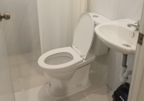 Um banheiro com vaso sanitário, pia e área de chuveiro.