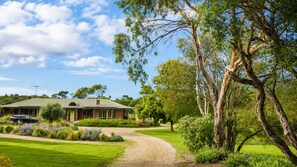 Une maison avec une allée menant à un garage, entourée d’une végétation luxuriante et d’arbres.