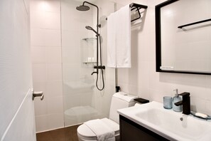 Een moderne badkamer met douche, toilet en wastafel.