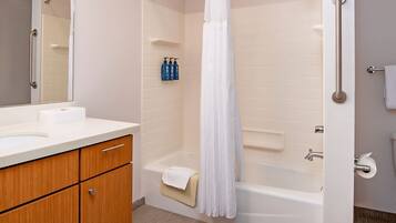 Hair dryer, towels, soap, toilet paper