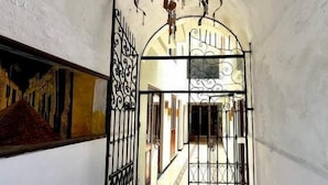 Un pasillo estrecho con una araña, un portón y un mural en la pared.